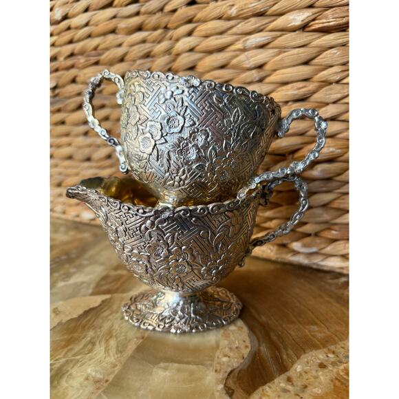 Japanese vintage silver-plated sugar bowl and creamer. - Picture 1 of 10